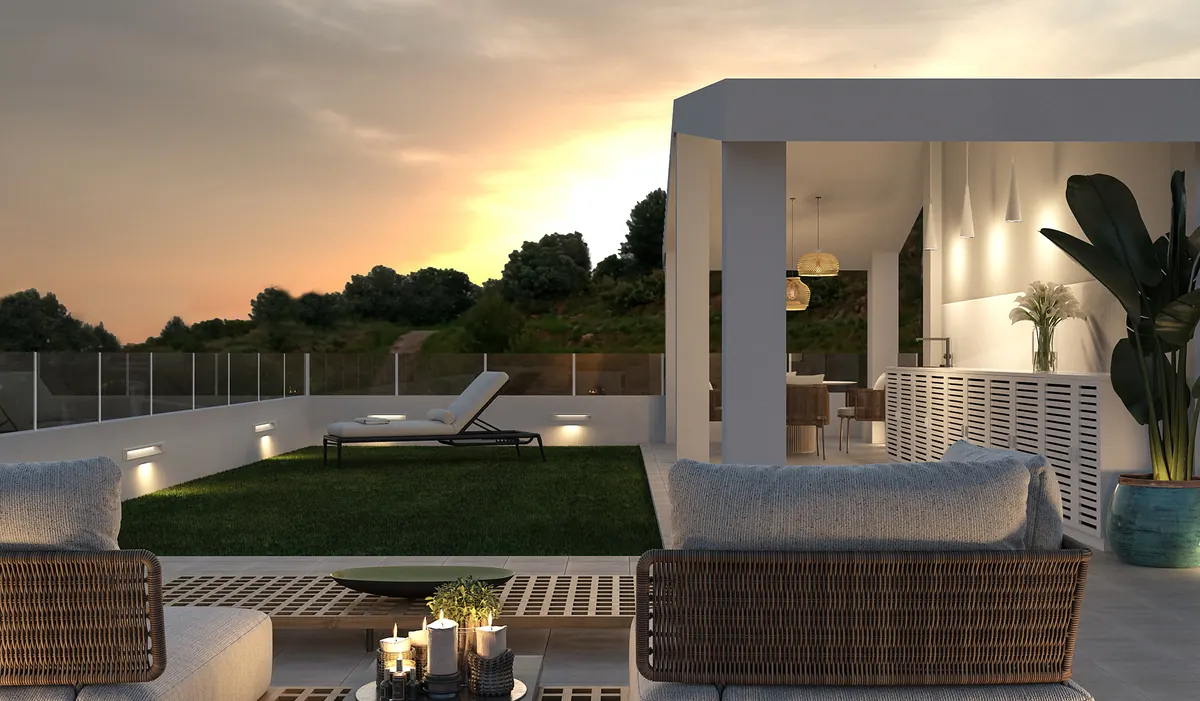 Terraza privada de un apartamento de obra nueva en Xeresa al atardecer